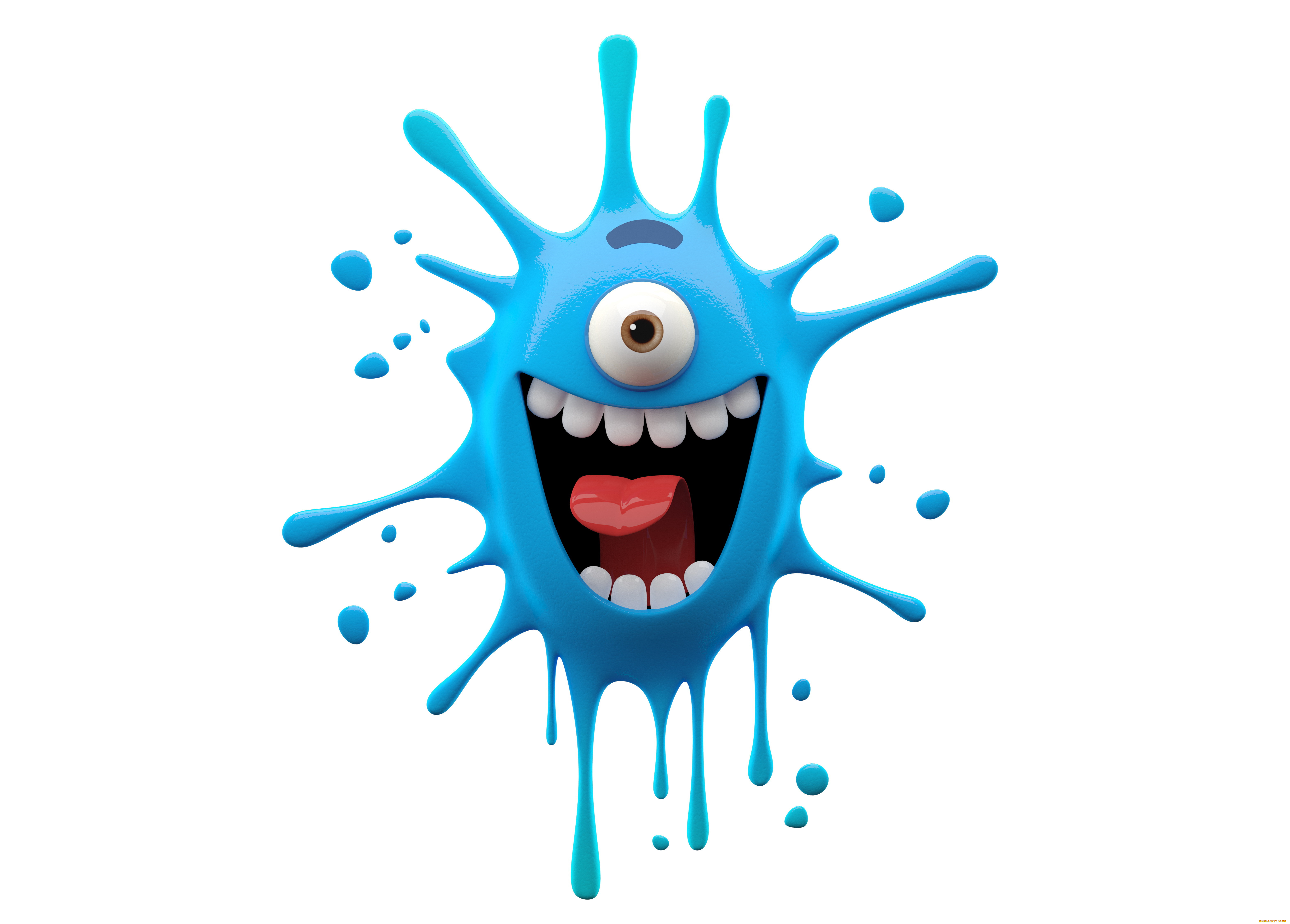 3 , humor , , monster, , blue, , , background, bright, smiling, on, a, white, , , blot, , 